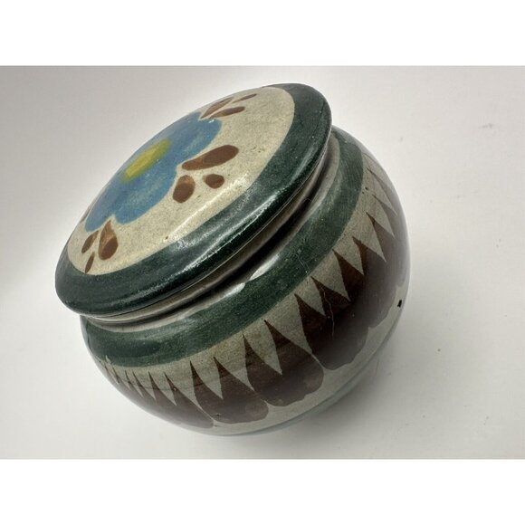 Vintage Mexican Tonala Pottery Round Lidded Trinket Dish Floral Hand Painted - Picture 2 of 9